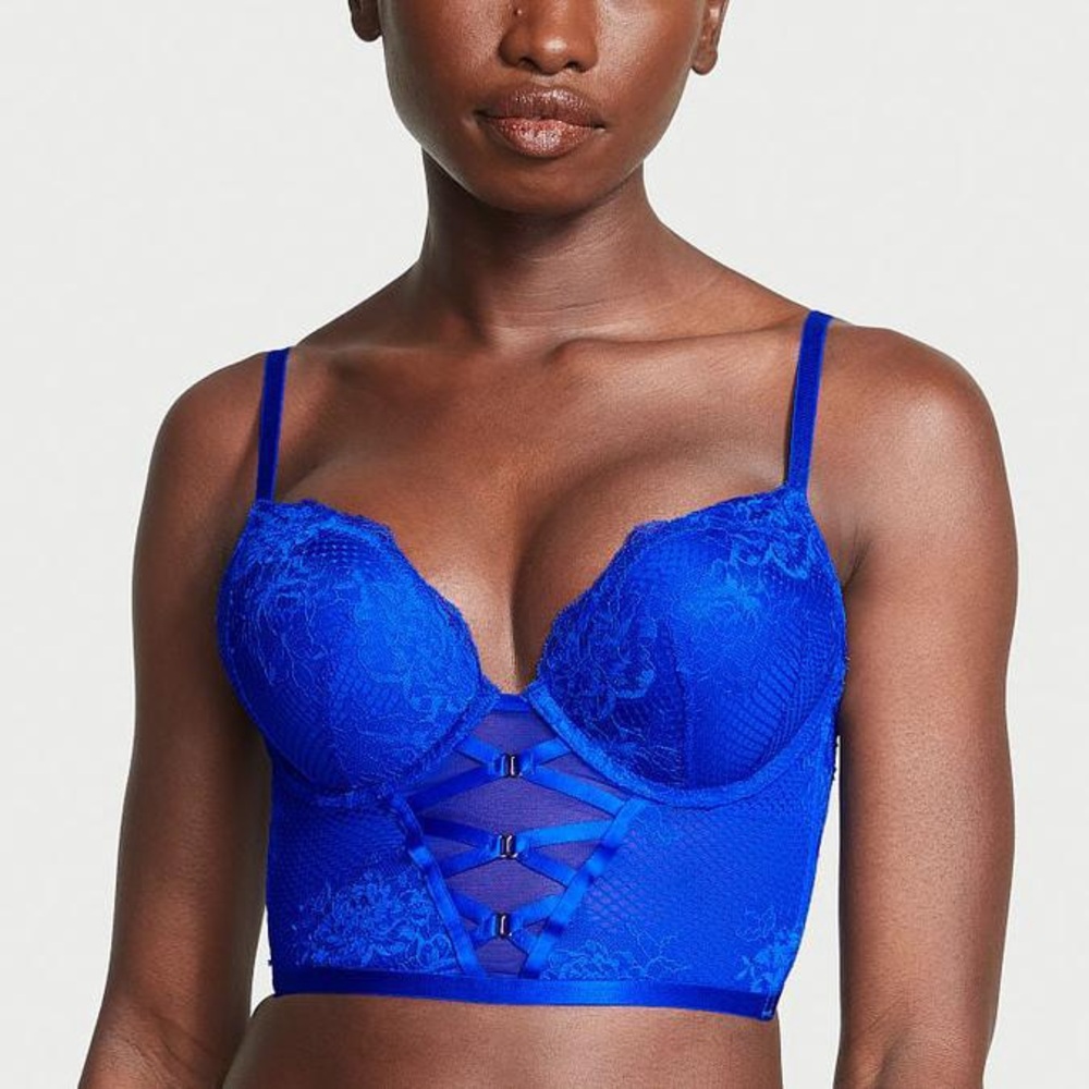 Victoria Secret Very Sexy Bombshell Strappy Fishnet Lace Push-Up Corset Top Blue
